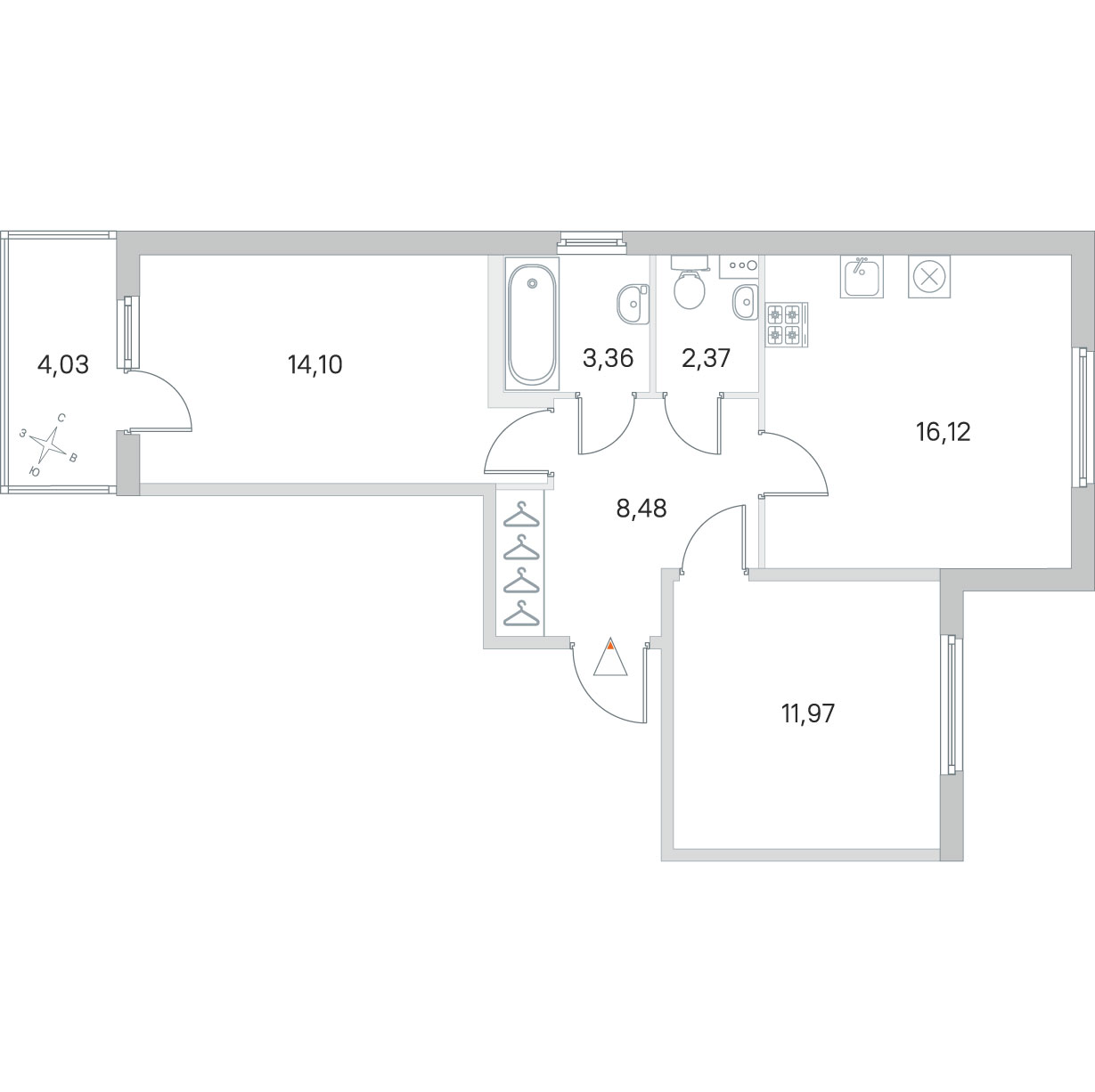 2 комн. квартира, 56.4 м², 1 этаж 