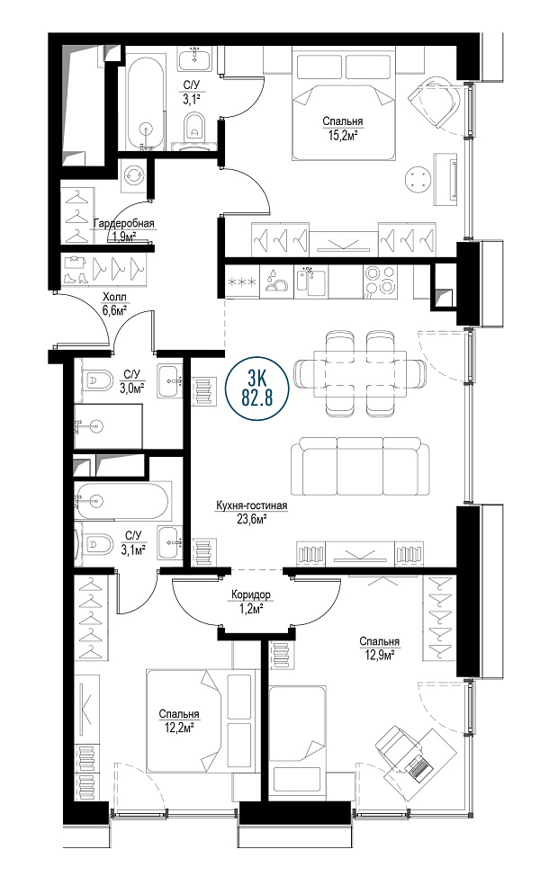 3 комн. квартира, 81.4 м², 22 этаж 