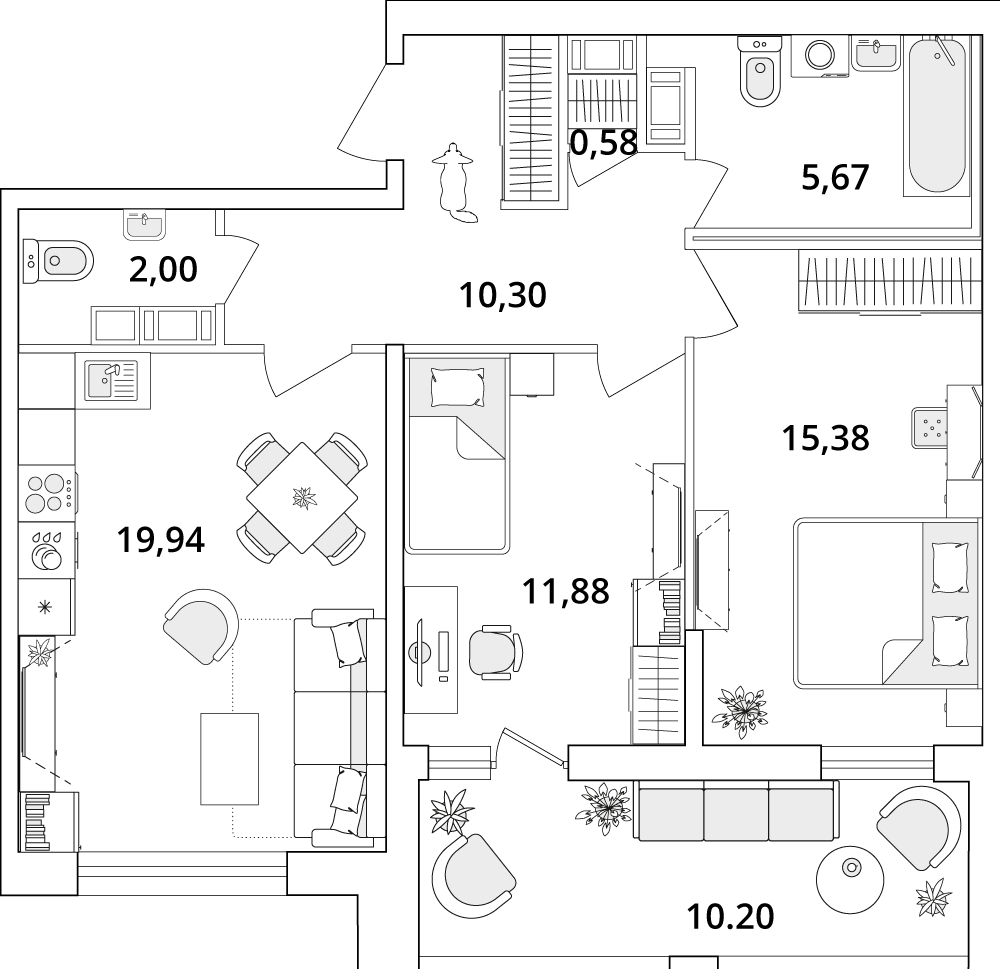 2 комн. квартира, 71.1 м², 15 этаж 