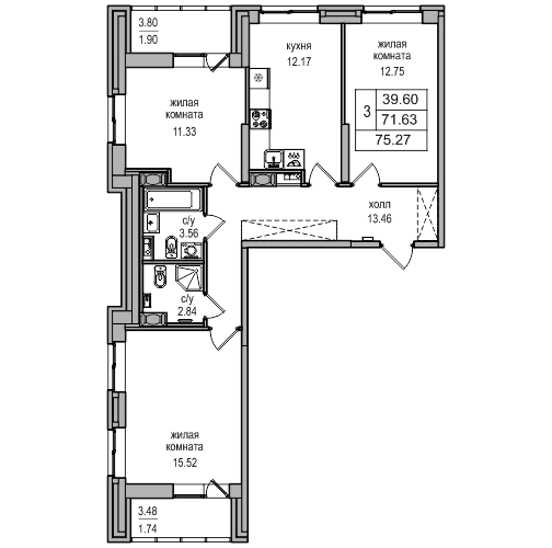 3 комн. квартира, 75.5 м², 2 этаж 