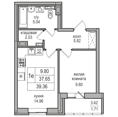 1 комн. квартира, 39 м², 11 этаж 