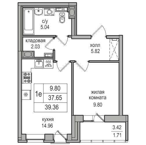 студия, 39.1 м², 2 этаж 