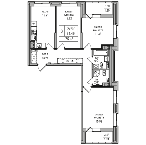3 комн. квартира, 74.2 м², 10 этаж 