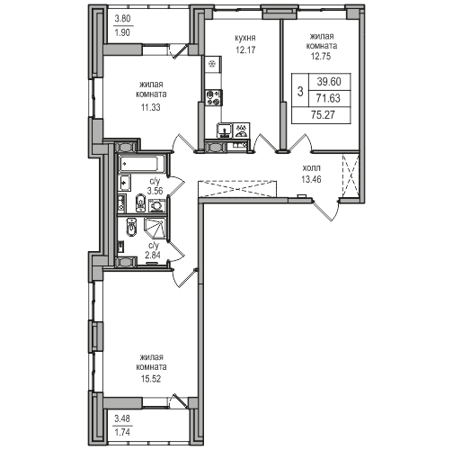 3 комн. квартира, 74.7 м², 2 этаж 