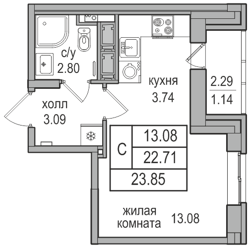 студия, 23.8 м², 13 этаж 