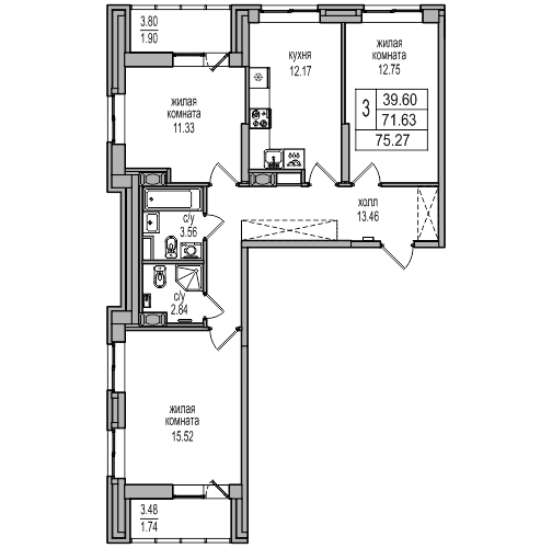 3 комн. квартира, 74.9 м², 12 этаж 