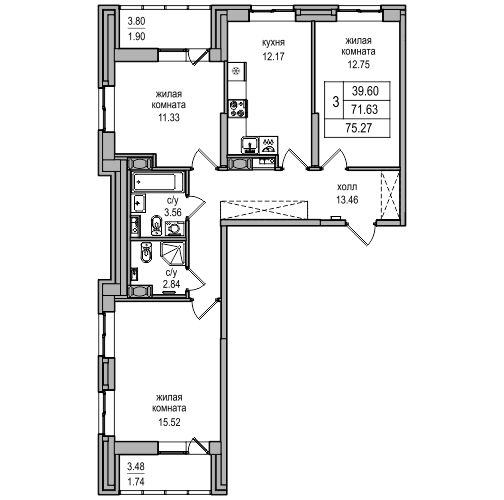 3 комн. квартира, 74.3 м², 2 этаж 