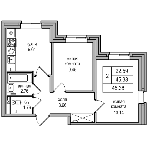 2 комн. квартира, 46.1 м², 1 этаж 
