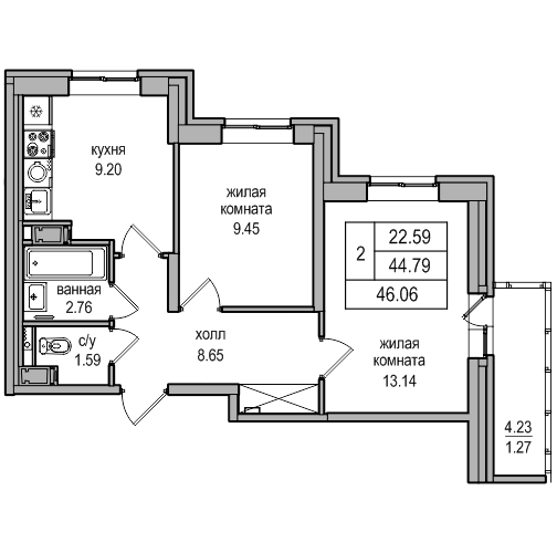 2 комн. квартира, 45.7 м², 2 этаж 