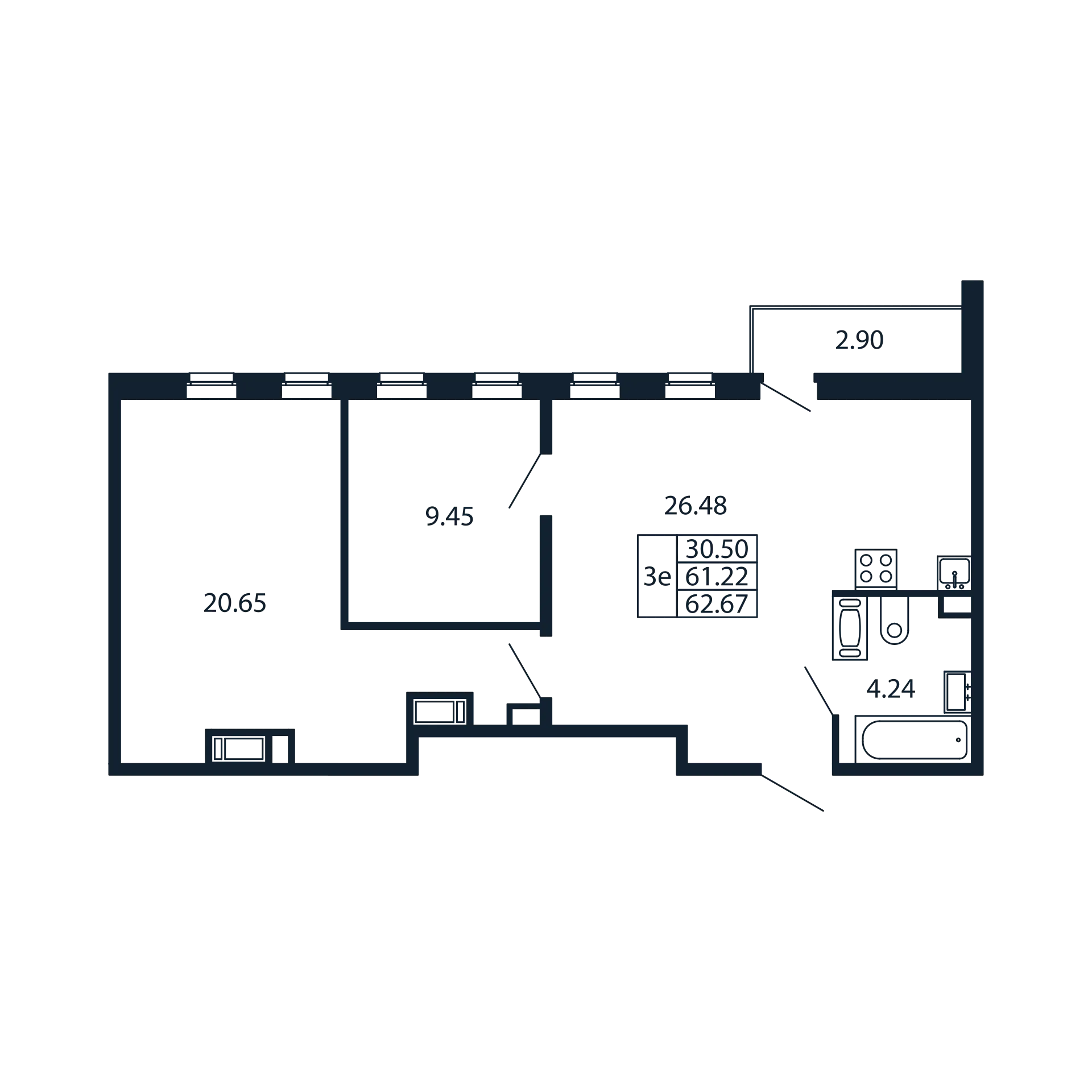 3 комн. квартира, 60 м², 12 этаж 