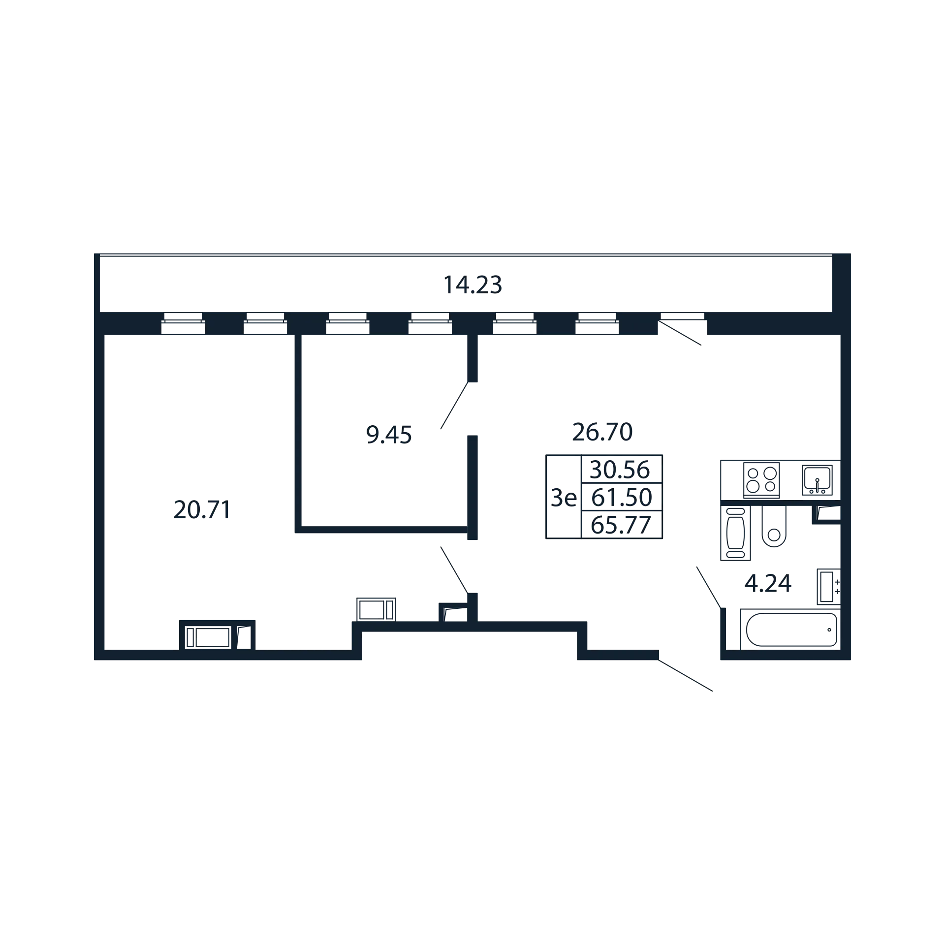 3 комн. квартира, 60.5 м², 11 этаж 