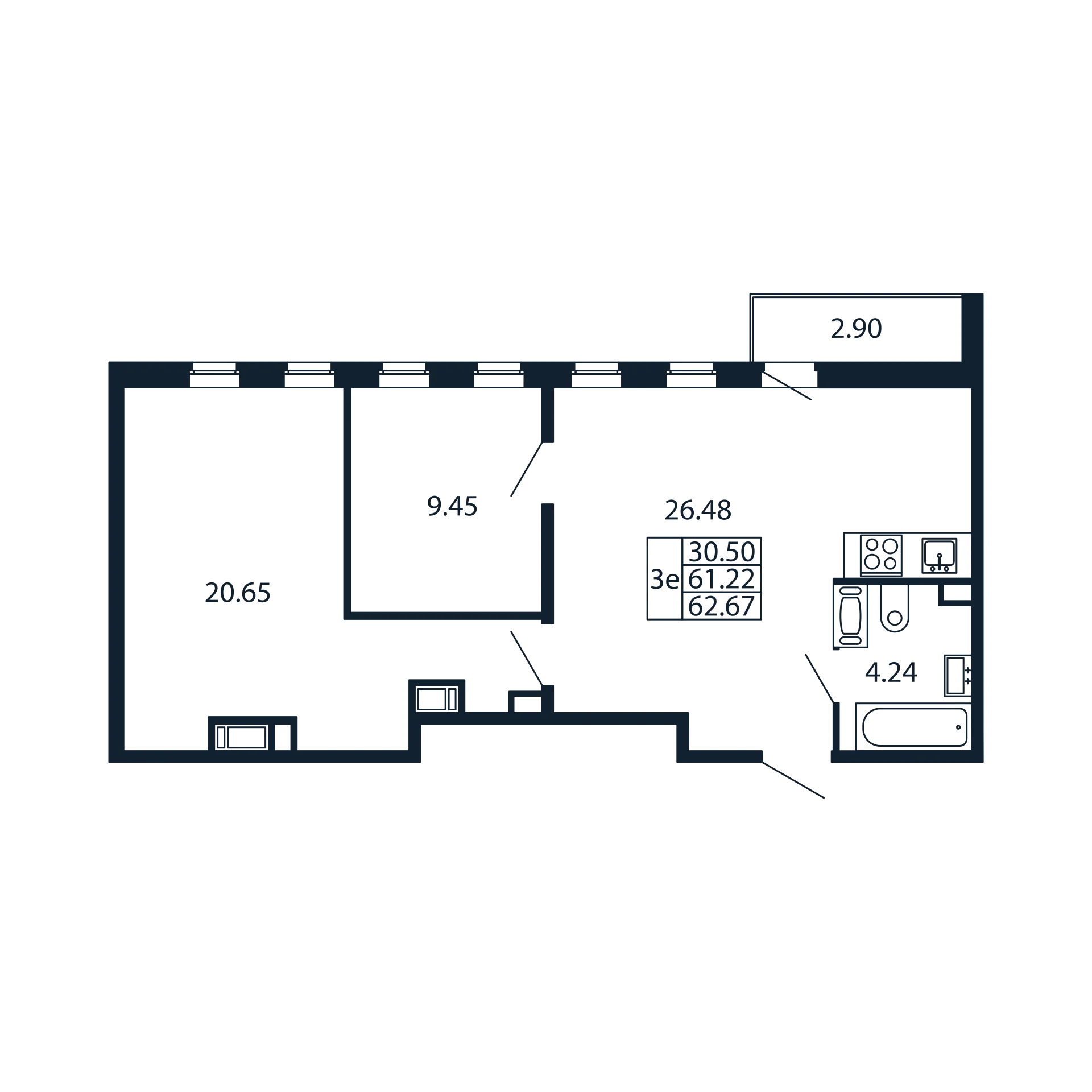 3 комн. квартира, 60.2 м², 12 этаж 