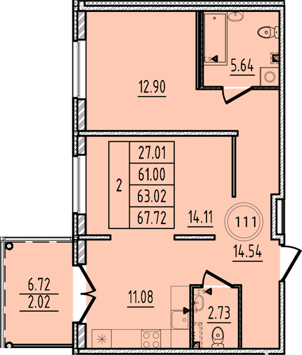 2 комн. квартира, 61 м², 1 этаж 