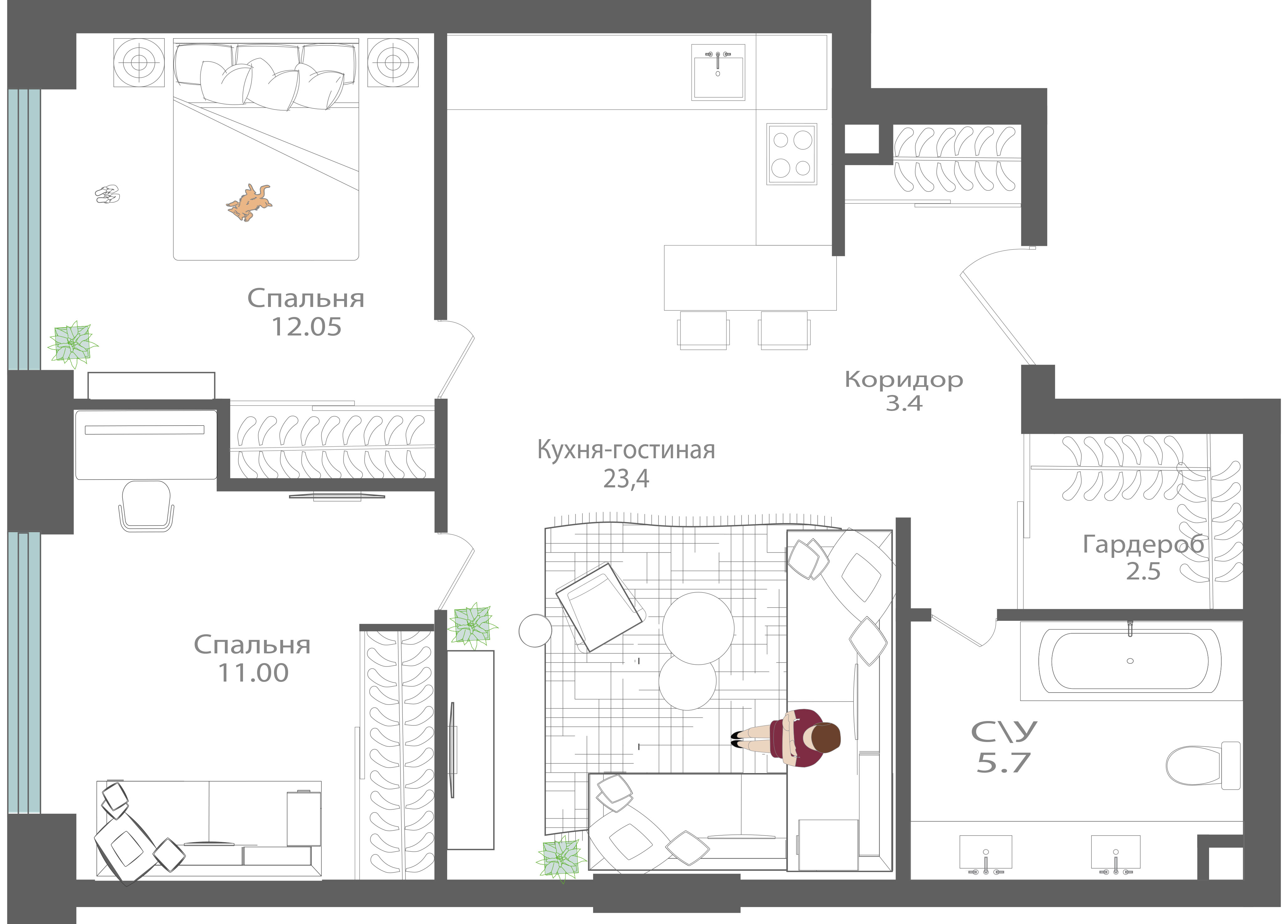 2 комн. квартира, 58.1 м², 12 этаж 