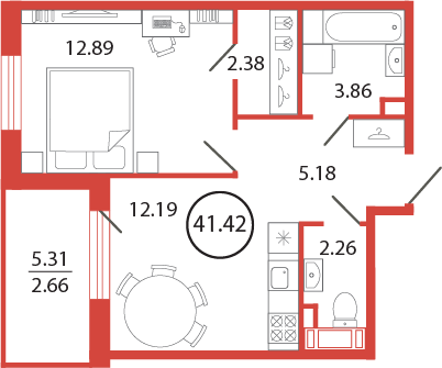 1 комн. квартира, 41.4 м², 6 этаж 