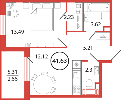 1 комн. квартира, 41.6 м², 12 этаж 