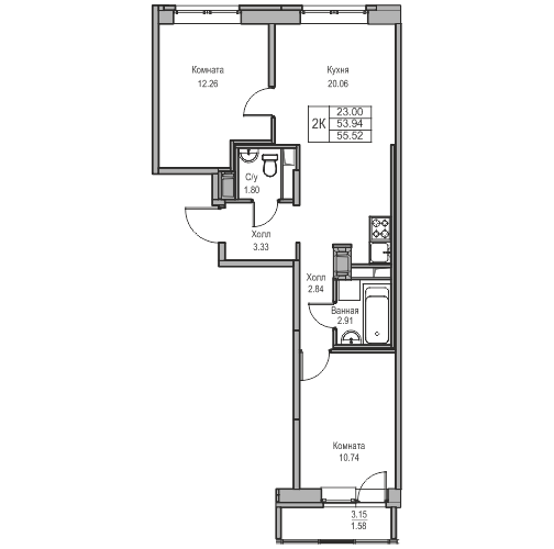 2 комн. квартира, 55.5 м², 9 этаж 