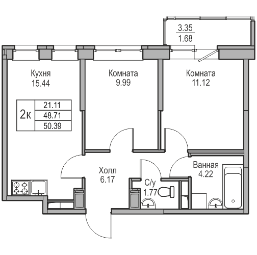 3 комн. квартира, 50.4 м², 5 этаж 