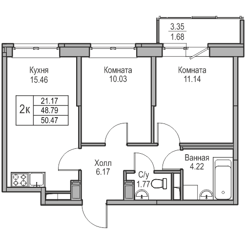 3 комн. квартира, 50.5 м², 10 этаж 