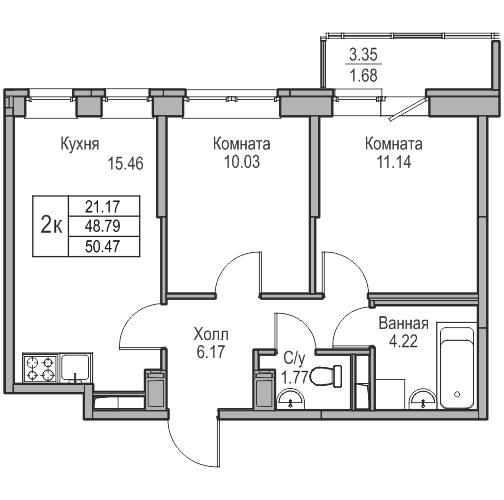 3 комн. квартира, 50.5 м², 11 этаж 