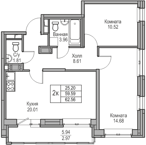 2 комн. квартира, 62.6 м², 5 этаж 