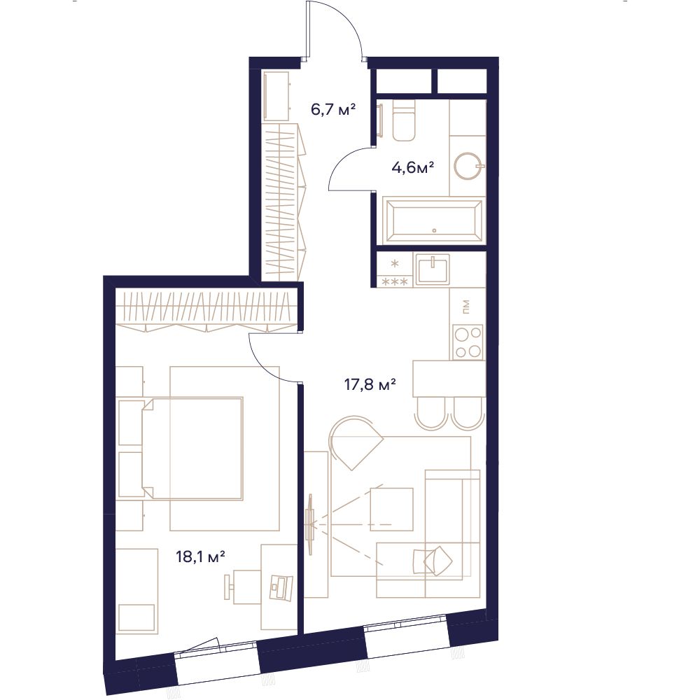 1 комн. квартира, 47.2 м², 3 этаж 