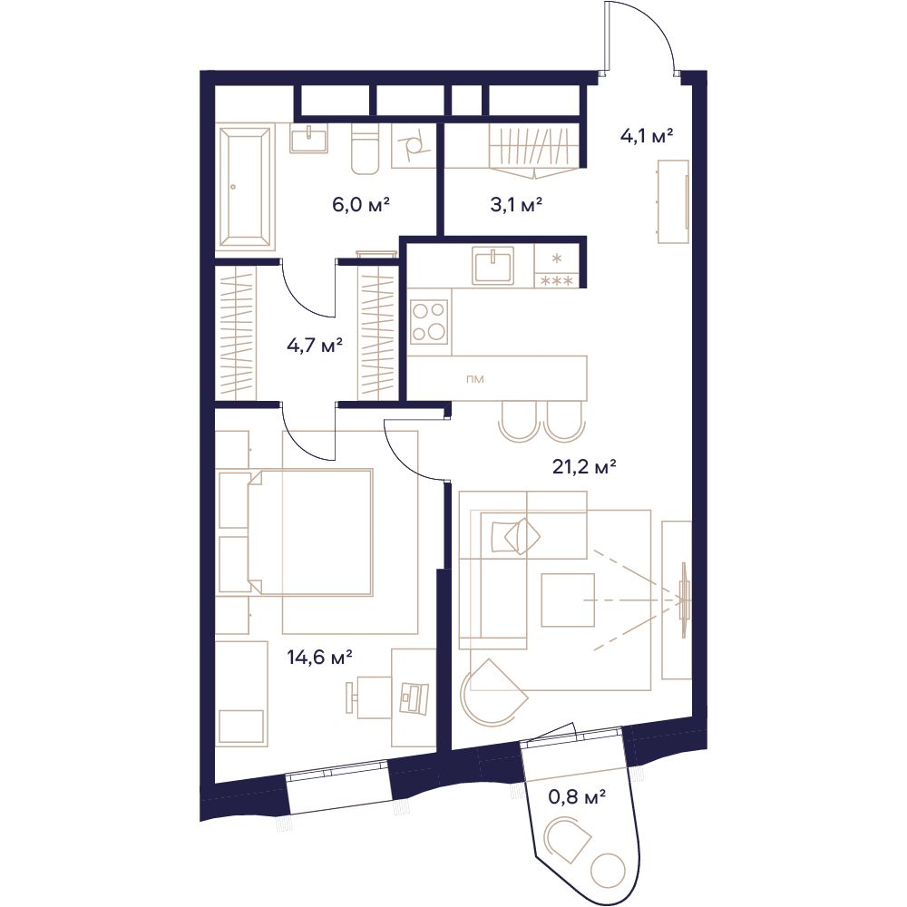 1 комн. квартира, 54.5 м², 9 этаж 