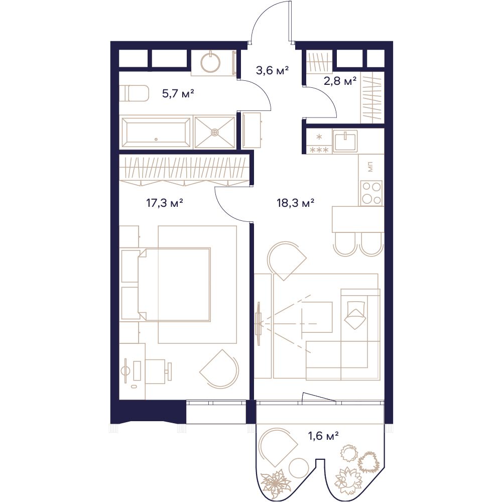 1 комн. квартира, 49.3 м², 8 этаж 