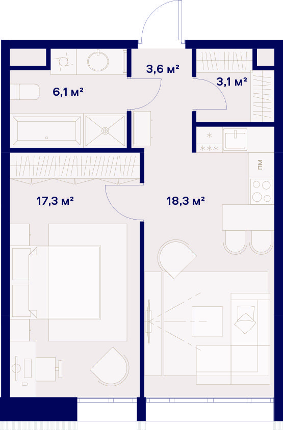 1 комн. квартира, 48.4 м², 2 этаж 