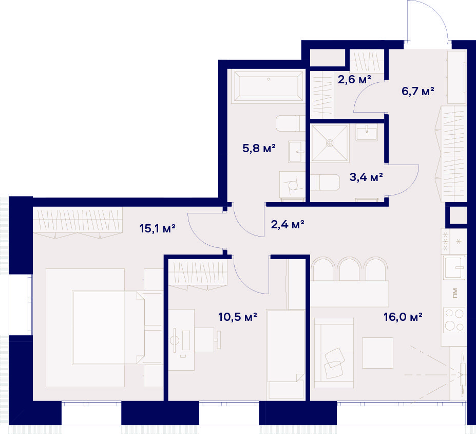 2 комн. квартира, 62.5 м², 2 этаж 