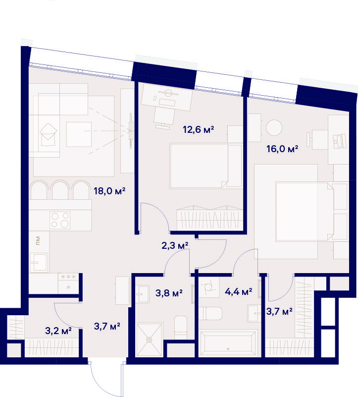 2 комн. квартира, 67.7 м², 2 этаж 
