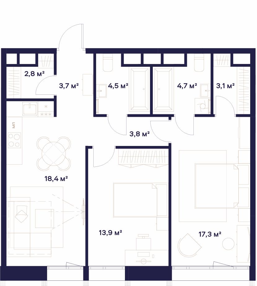 2 комн. квартира, 72.2 м², 3 этаж 