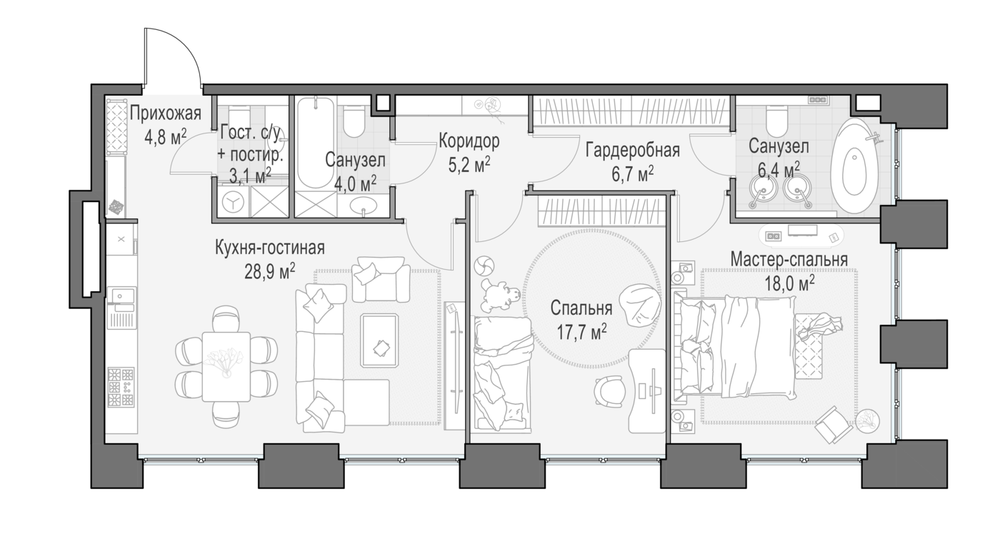 2 комн. квартира, 95.6 м², 9 этаж 