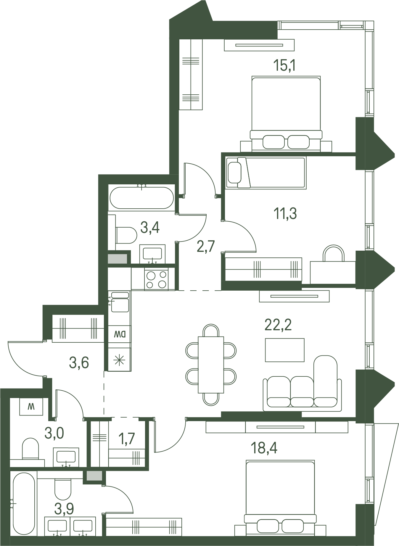 3 комн. квартира, 85.3 м², 12 этаж 