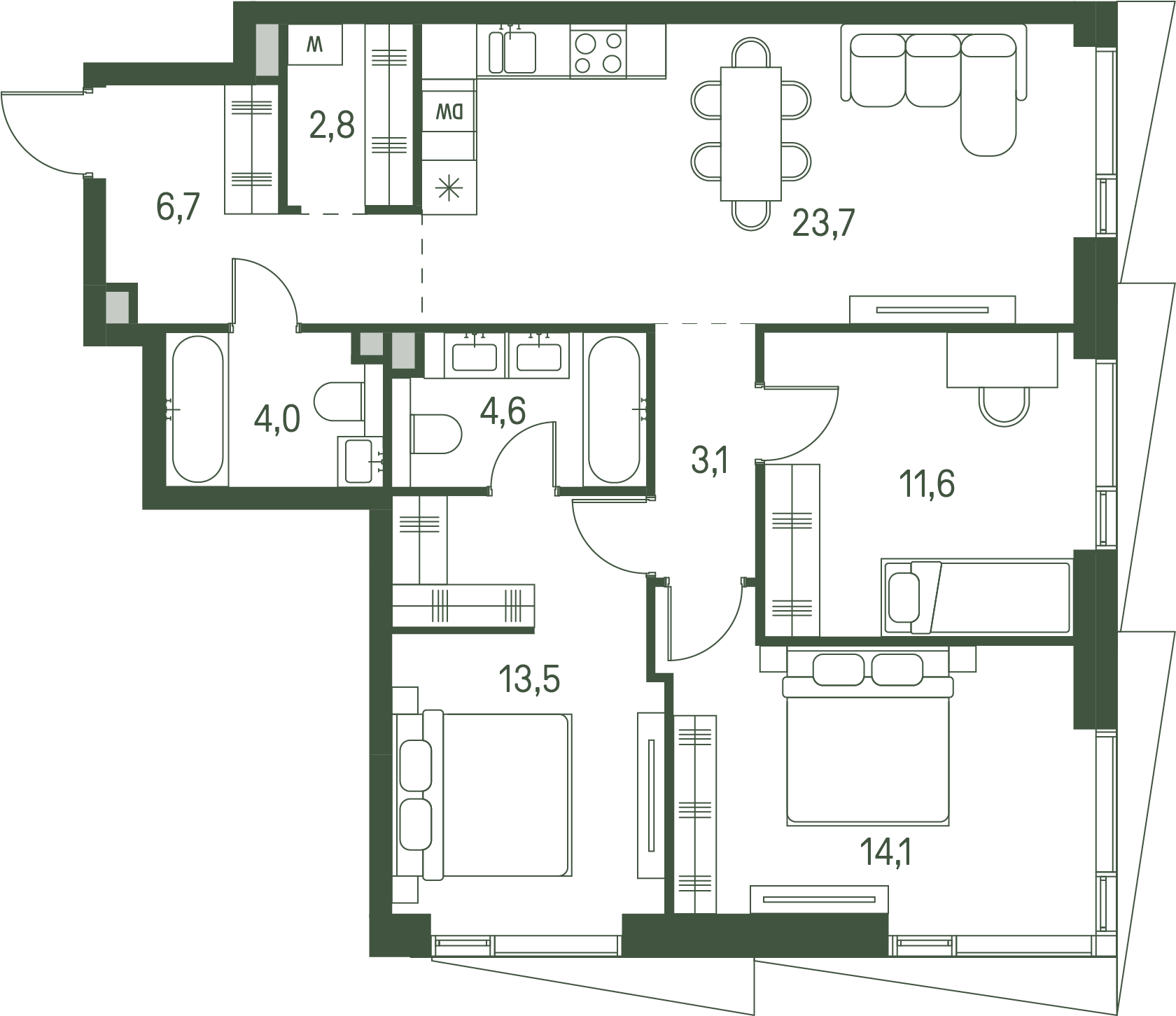 3 комн. квартира, 84.1 м², 12 этаж 