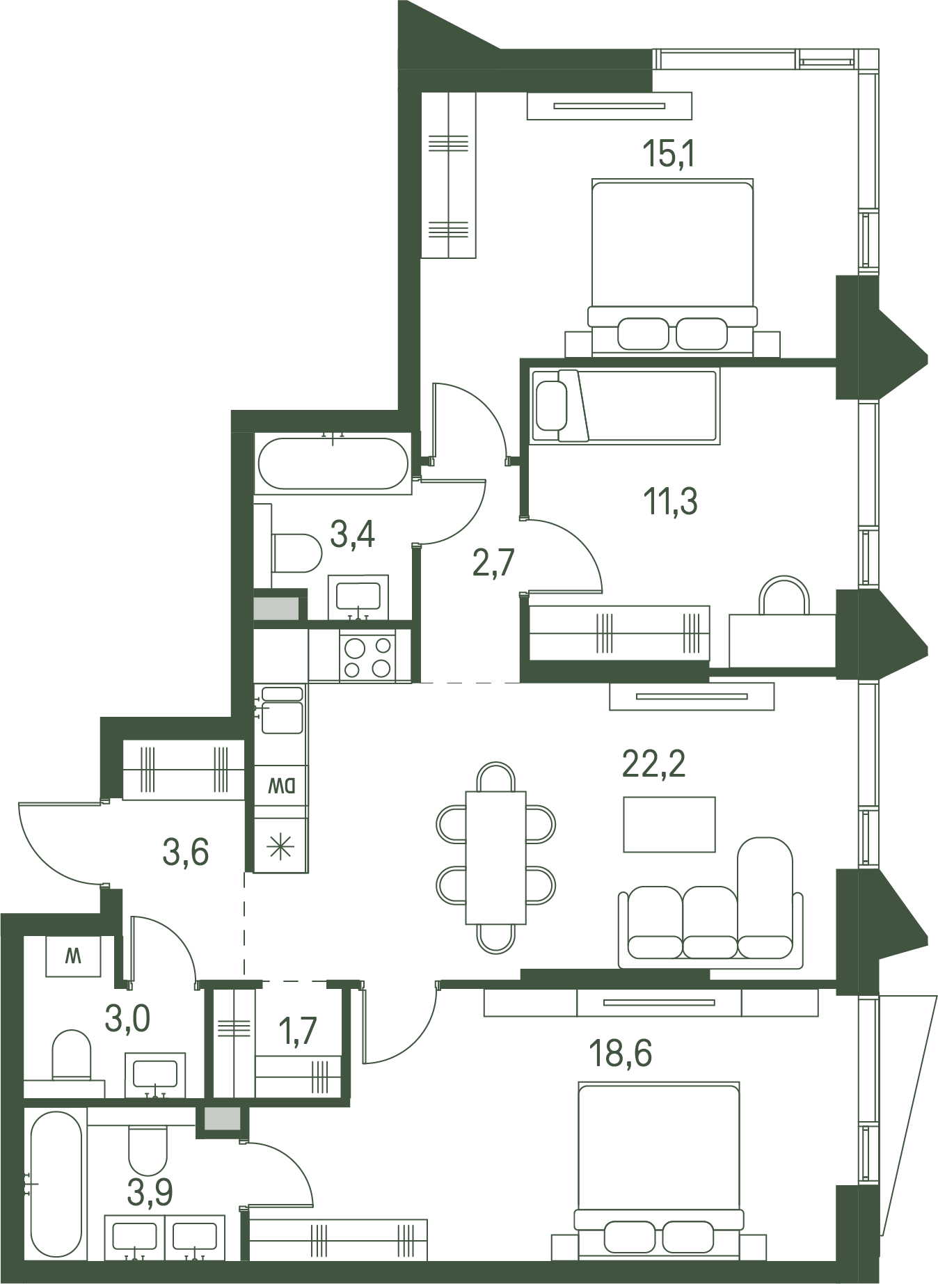 3 комн. квартира, 85.5 м², 24 этаж 