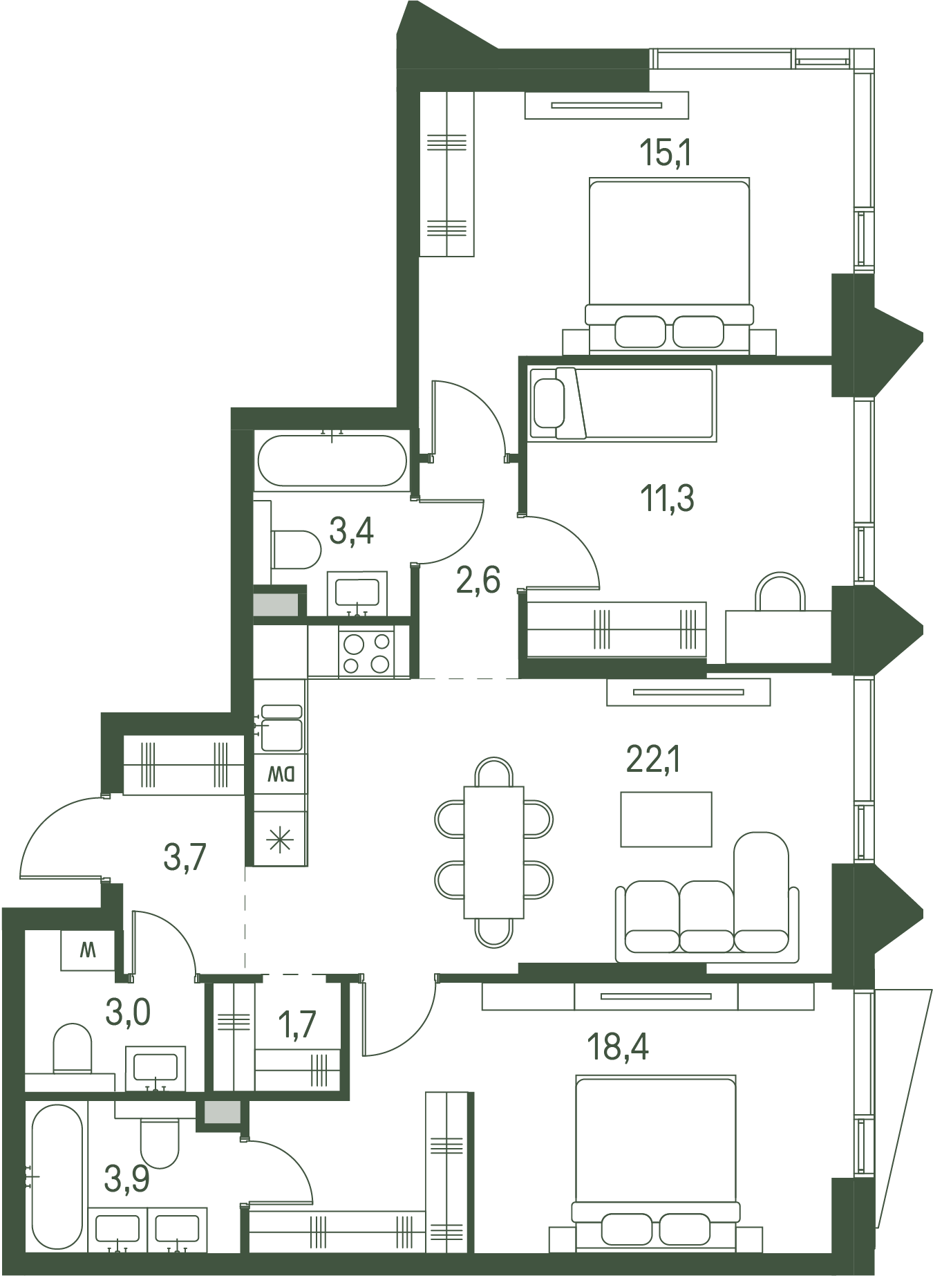 3 комн. квартира, 85.2 м², 28 этаж 