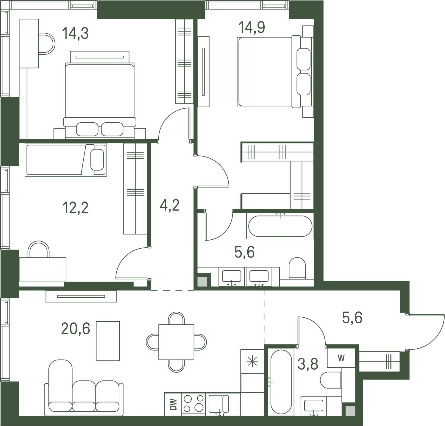 3 комн. квартира, 81.2 м², 18 этаж 