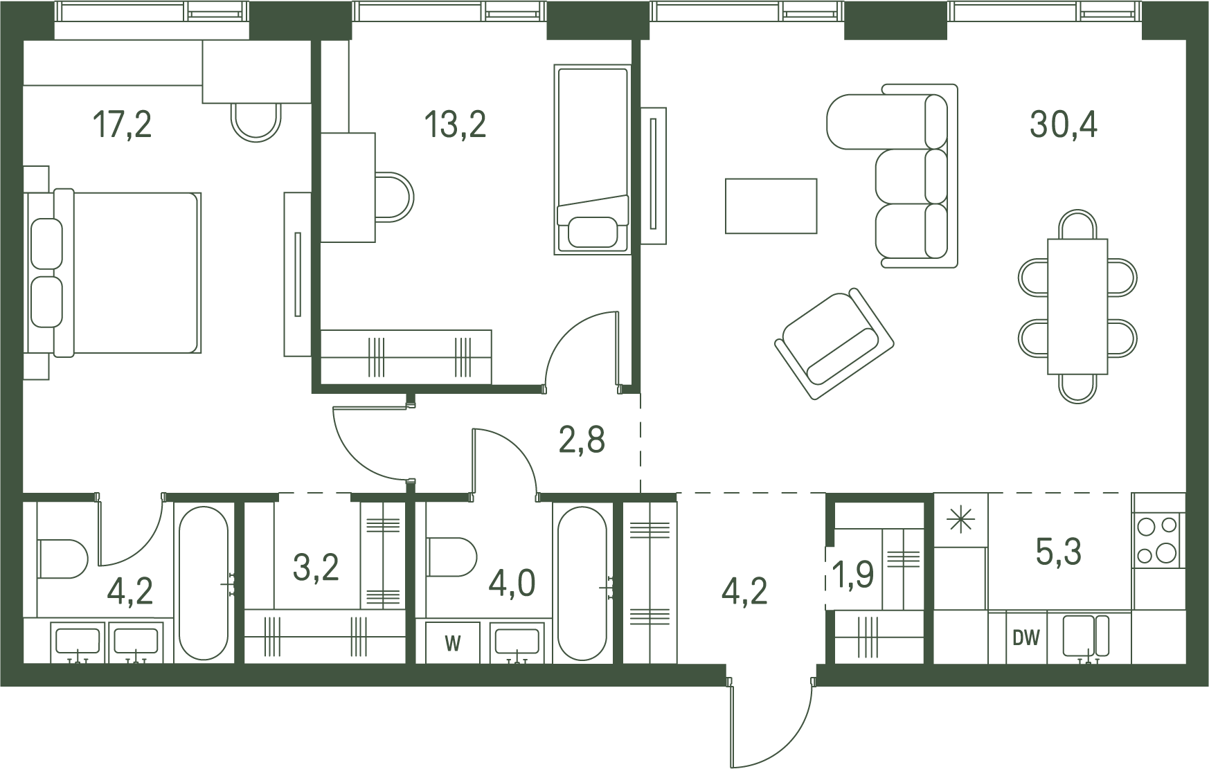 2 комн. квартира, 86.4 м², 38 этаж 
