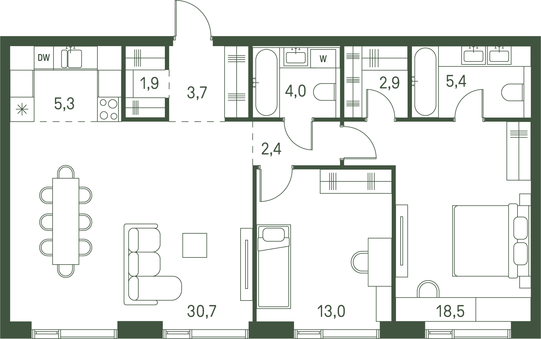 2 комн. квартира, 87.8 м², 38 этаж 