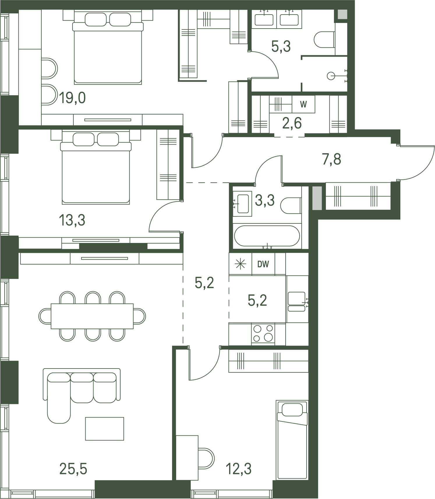 3 комн. квартира, 99.5 м², 26 этаж 