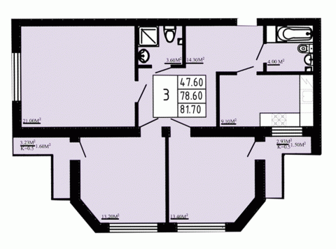 3 комн. квартира, 81.7 м², 1 этаж 