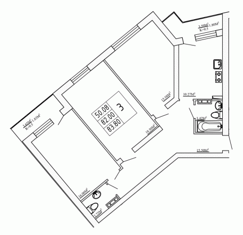 3 комн. квартира, 82.4 м², 2 этаж 