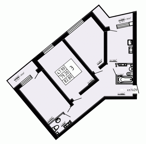 3 комн. квартира, 82.8 м², 3 этаж 