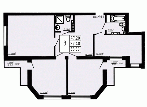 3 комн. квартира, 85.5 м², 3 этаж 
