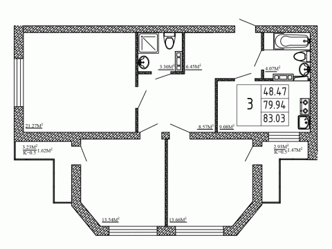 3 комн. квартира, 85.6 м², 2 этаж 