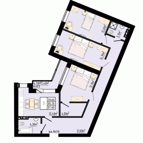 3 комн. квартира, 87.6 м², 2 этаж 