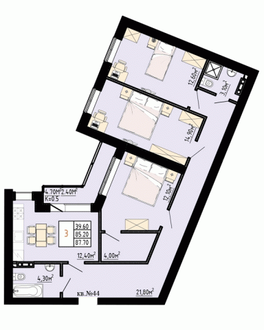 3 комн. квартира, 87.7 м², 3 этаж 