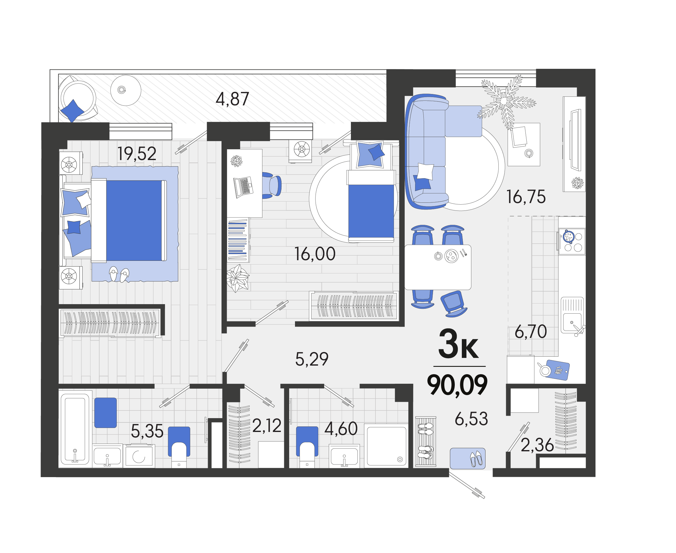 3 комн. квартира, 91 м², 2 этаж 