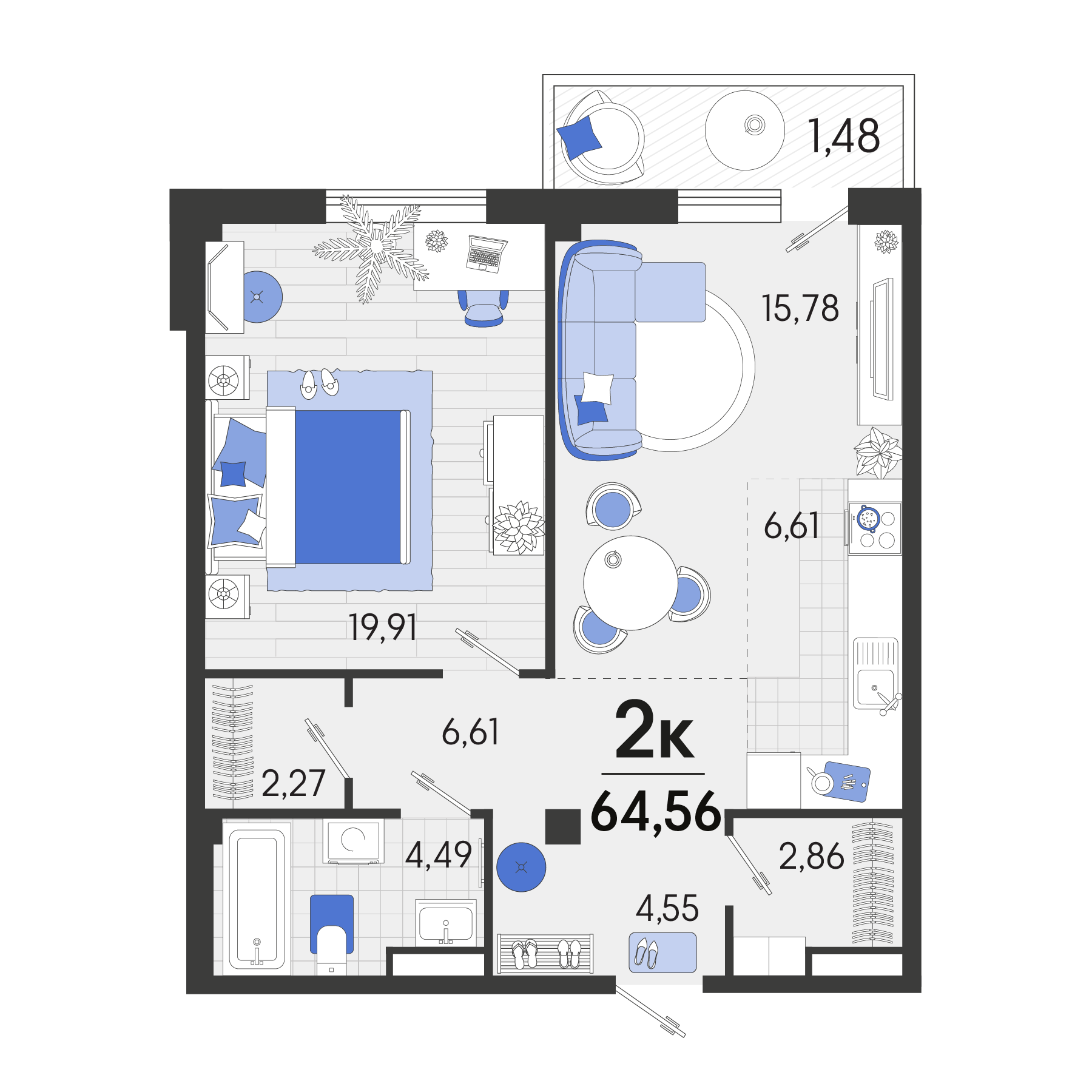 2 комн. квартира, 64.9 м², 4 этаж 